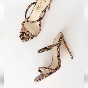 NIB Lulus Theyaa Tan Snake Embossed Square Toe High Heel Sandal